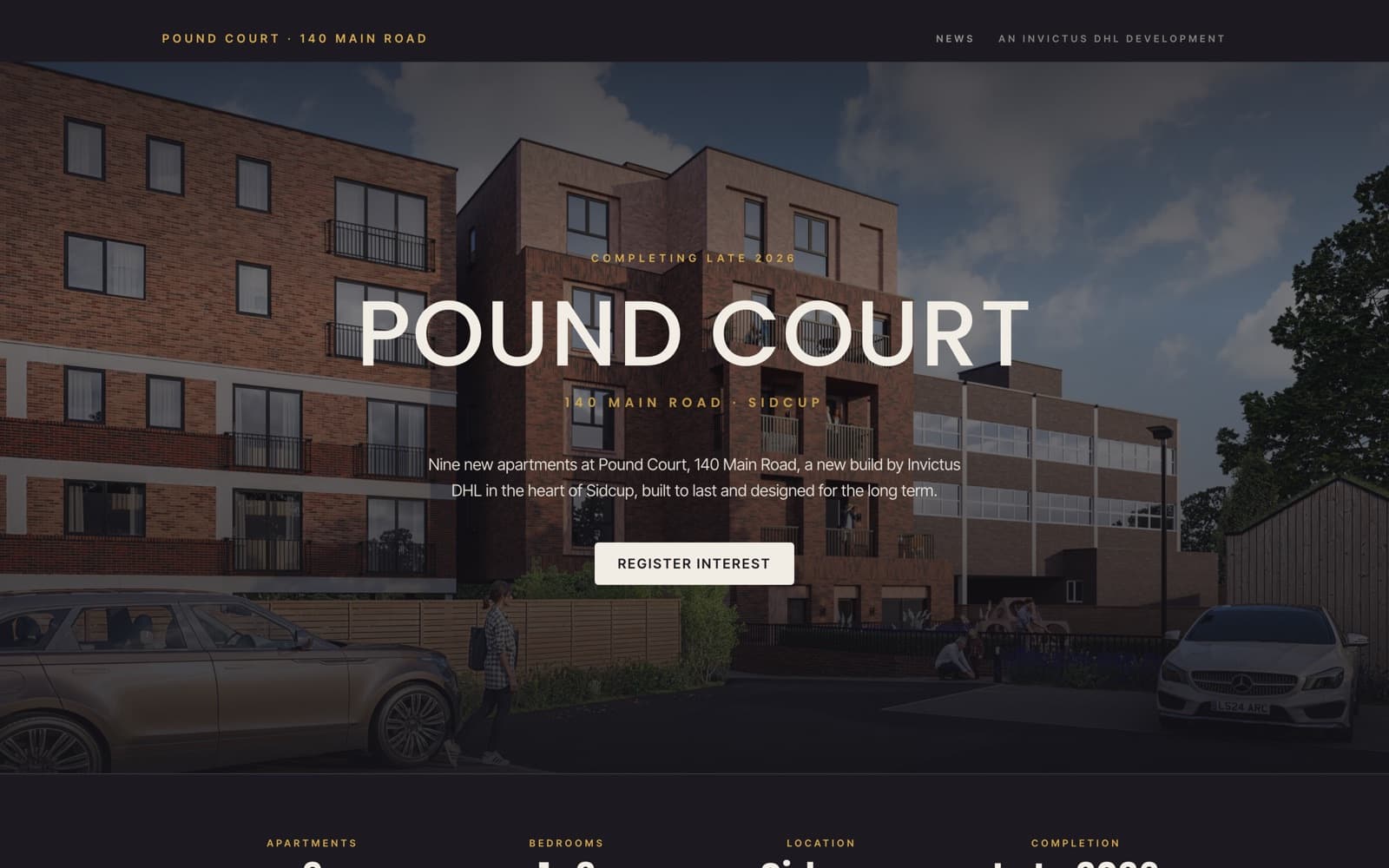 Pound Court development website on a desktop browser, showing the homepage hero